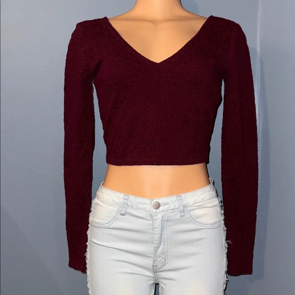 Forever 21 Burgundy Long Sleeve Crop Top - Size Small